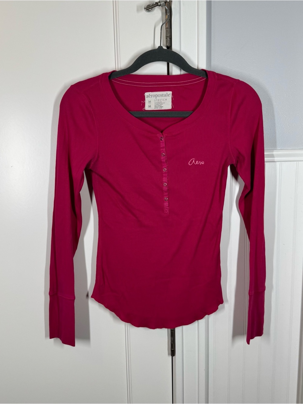 Y2K Preppy Aeropostale Long Sleeve Henley Shirt Pink Slub Knit Size Medium